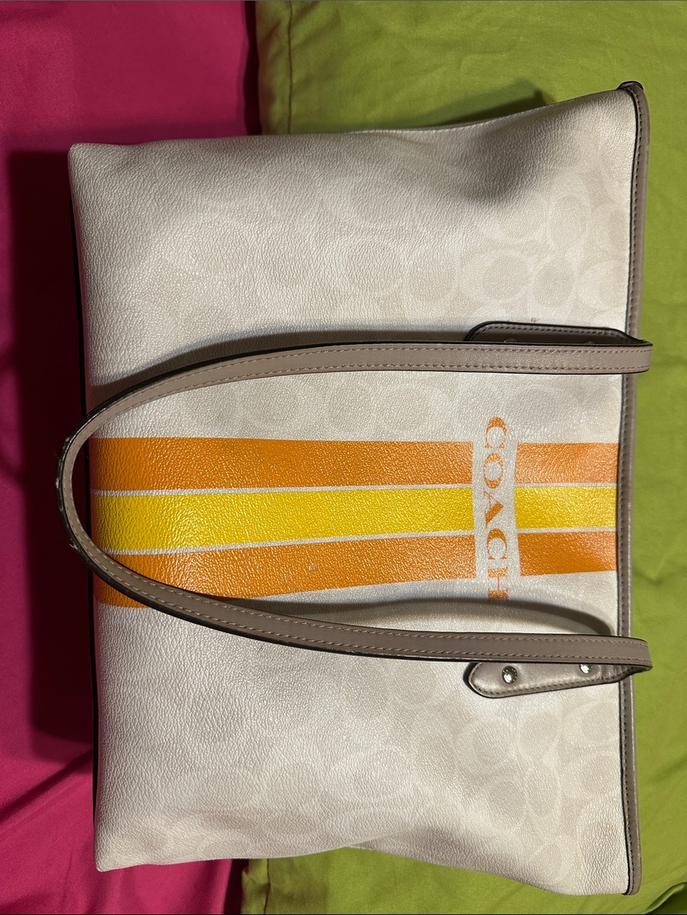 Coach Ivory Canvas Tote with Orange and Yellow Stripes